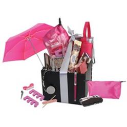 Includes: 1 x Satin Cosmetic Bag, 1 x Vanity Manicure Set [6-Piece], 1 x Pedicure Set [6-Piece], 1 x 6-Panel Pocket Umbrella, 1 x Stainless Steel Bag Hanger, 1 x Mini Crystal Stylus & Pen, 1 x 63g Ferrero Rocher Box [5-Piece], 1 x 50g Sally Williams Choc Bar, 1 x 37g Lindt Lindor Box [3-Piece]