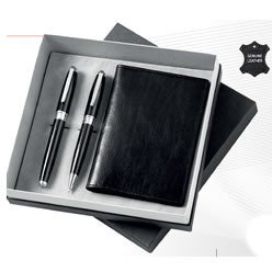 Twist action ballpen & Capped rollerball set, Italian leather passport holder, gift boxes